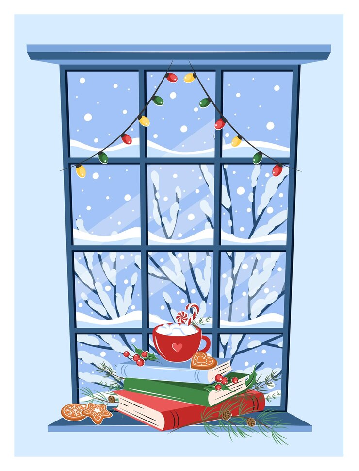 Vector winter window with landscape, books and drink with cookies on the sill.
