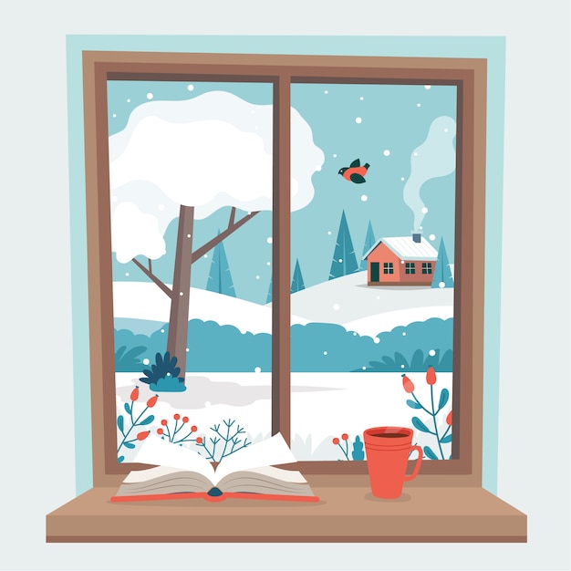 Vettore finestra invernale con vista, un libro e una tazza di caffè sul davanzale.