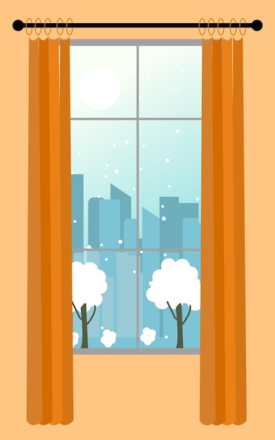 Vector winter window with a view of the city buildings snow time curtains with railing vector illustration flat