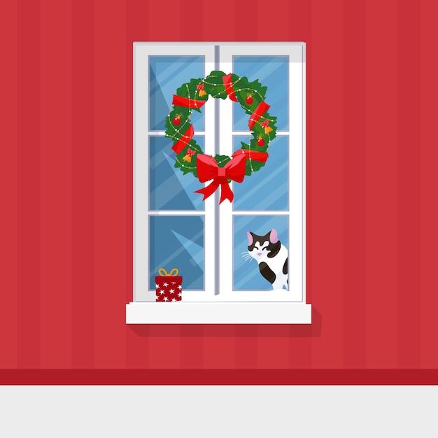 Winter window with view a present and a cat on the sill Christmas wreath Cozy home Merry Christmas and Happy New Year Winter holidays Flat style