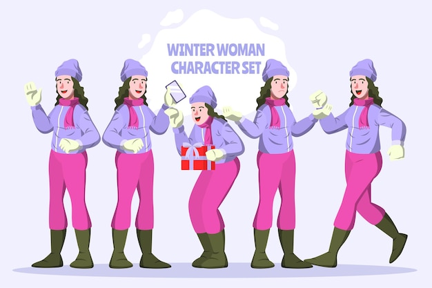 ベクトル 冬の女性の文字セット-winrtercharacter