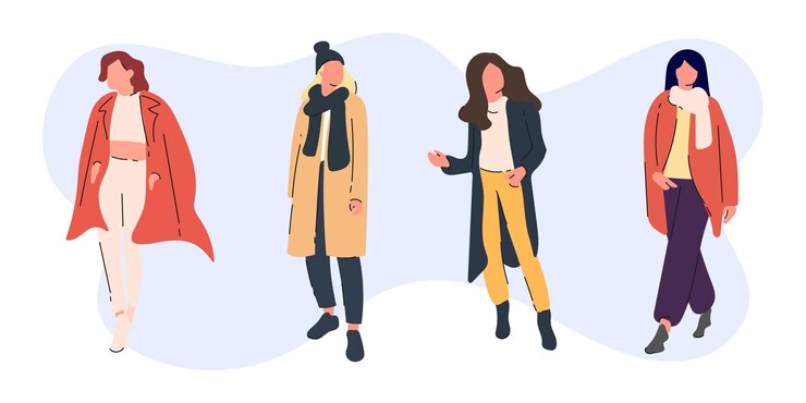 Вектор женская зимняя коллекция моды векторная иллюстрация стоящих мультфильмов женщины в зимних нарядах