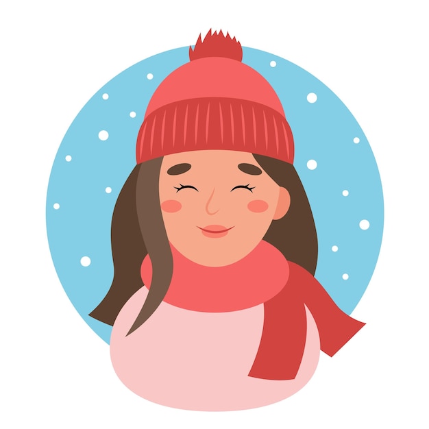 winter woman portrait, cute character with hat and scarf, vector illustration in flat style