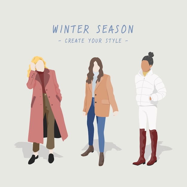 Vettore personaggi carini di stile delle donne di inverno e donne alla moda che indossano l'illustrazione dei vestiti di autunno