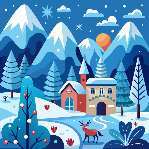 Winter Wonderland Snowy Mountains Cozy House and a Reindeer