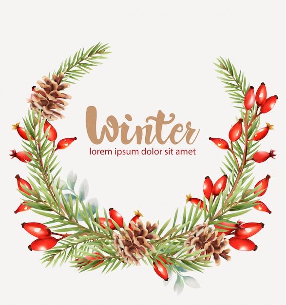 Winter wreath with red berries and flowers