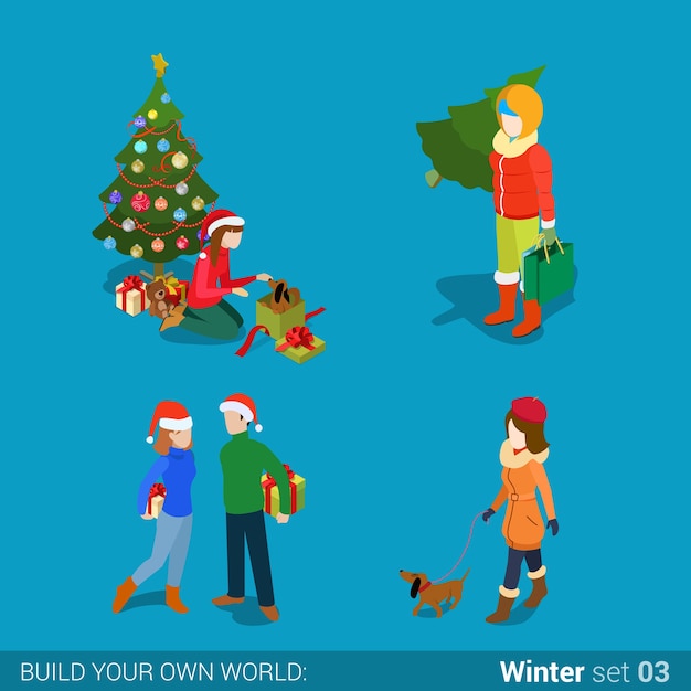 Winter young happy people family set flat isometry isometric concept web illustration loving young couple girl gift unwrap dog walking spruced fir tree creative winter holidays collection