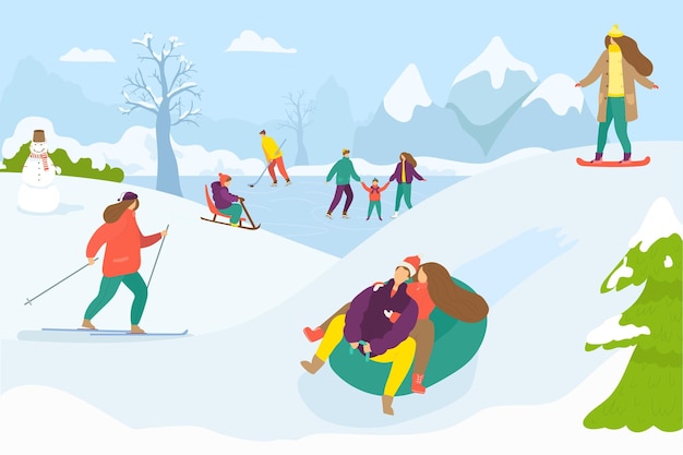 Vector winteractiviteit met buiten sneeuw vector illustratie platte man vrouw mensen karakter rust op vakantie...