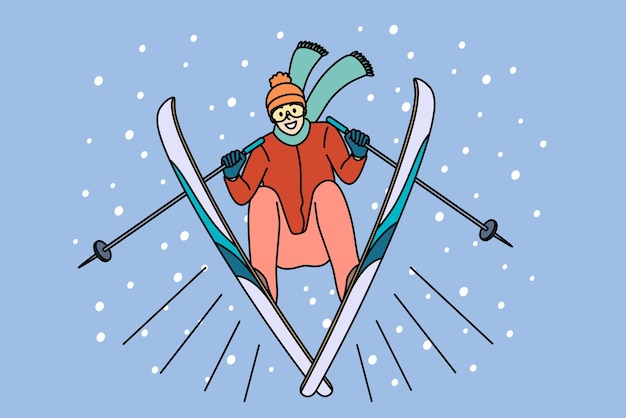 Winteractiviteiten en sportconcept. Jonge glimlachende man atleet skiër in sportkleding die hellingen gaat rijden op ski in de winter met plezier vectorillustratie