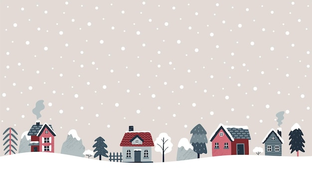 Vector winterbanner vectorillustratie met gezellige huizen sparren bomen bergen kerstvakantie