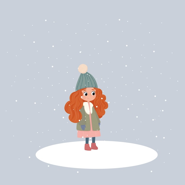 Winterfoto Een meisje met rood haar, gekleed in een jas, kijkt opzij