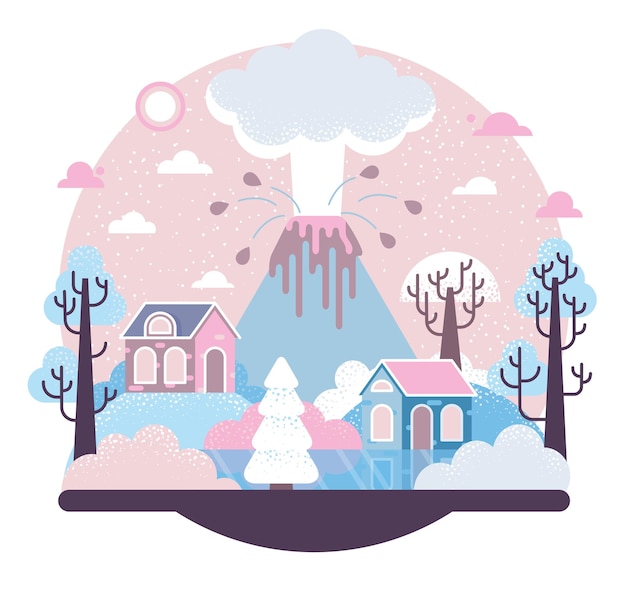 Winterillustratie met huizen aan het meer en vulkaanuitbarsting op de achtergrond