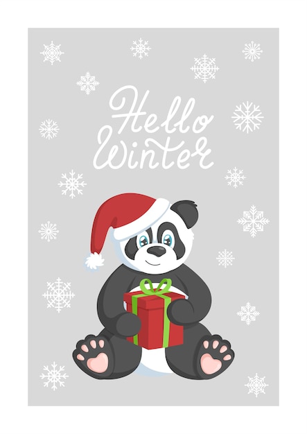 Winterkaart met panda in kerstmuts met rode geschenkdoos en hallo wintertekst.