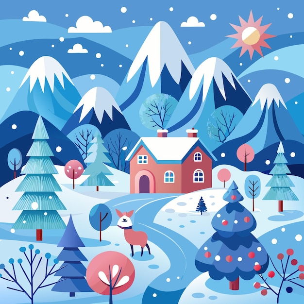 Winterland met een gezellig huisje en een speels hert