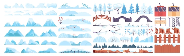 Winterlandschap constructor set. Bevroren bomen, struiken, bergen collectie. Prachtige wilde natuur in sneeuw, december bevriezend landschap. Platte vectorillustratie