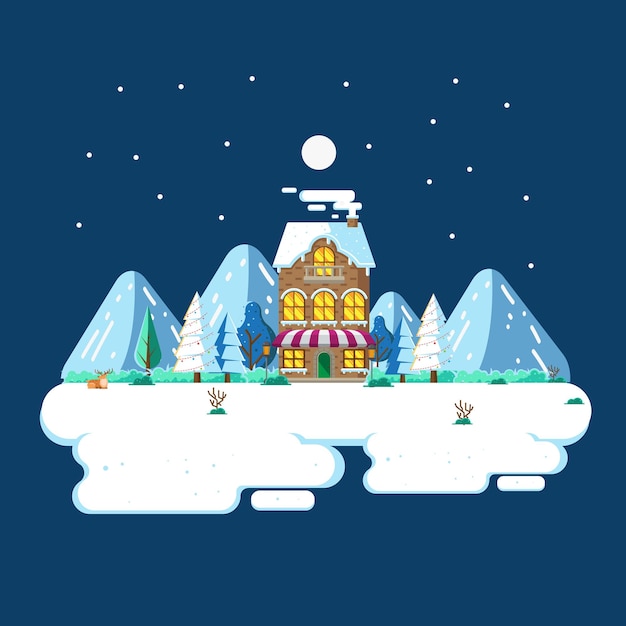 Winterlandschap in de nacht met platte ontwerpillustratie