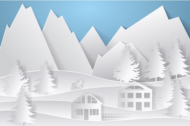Winterlandschap in papierstijl Bergen bomen en huizen Gelaagde uitgesneden papieren ansichtkaart Vectorillustratie