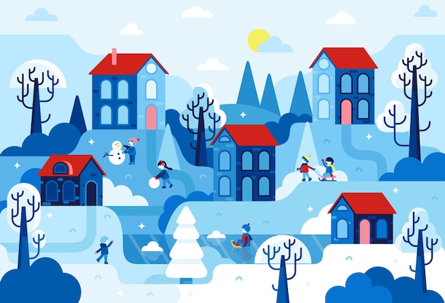 Winterlandschap Kinderen spelen in de tuinillustratie voor Kerstmis of nieuwjaar