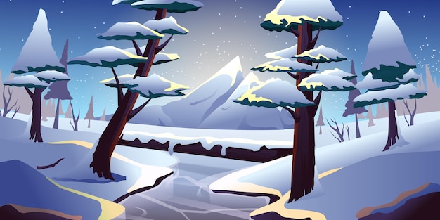 Vector winterlandschap met berg rivier bos omgeving scène illustratie
