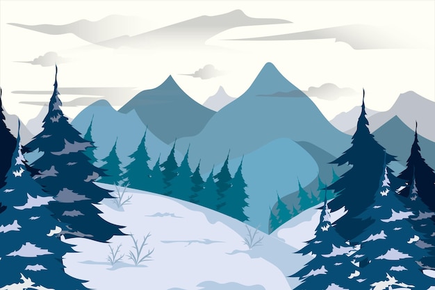 Vector winterlandschap met bergen en sparrenillustratie