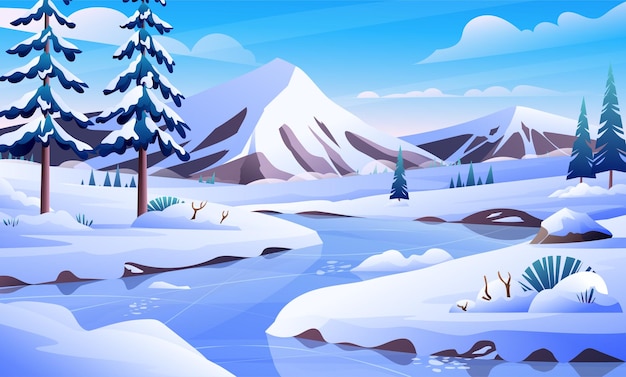 Winterlandschap met bevroren rivier, dennen en bergen illustratie. Besneeuwde winter achtergrond