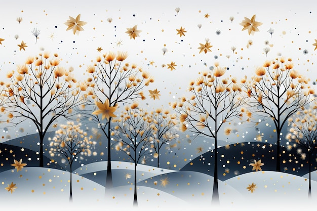 Winterlandschap met bosbomen in zwart en goud met de hand getekend kerstconcept vector illustrat