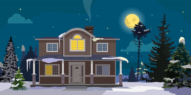 Winterlandschap met groot huis en bos. Nacht met maan, sterren, bomen en wolken. Vector cartoon illustratie.