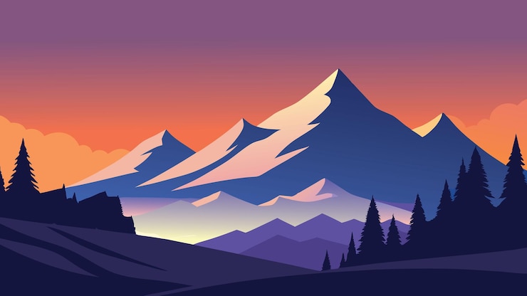 Vector winterlandschap met met sneeuw bedekte bomen en majestueuze bergen verlicht