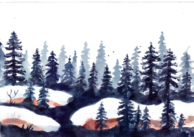 Winterlandschap met pijnbomen en sneeuw aquarel