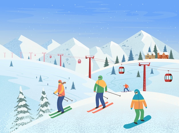 Winterlandschap met skilift, bergen, mensen skiën, snowboarden. Skigebied. illustratie.