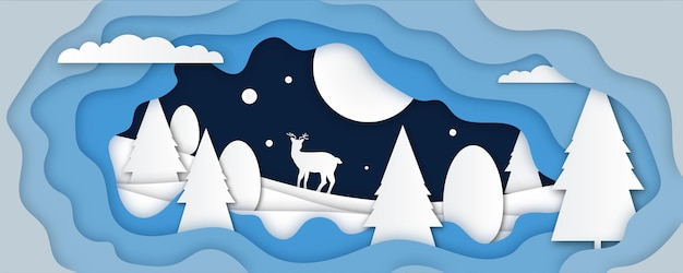 Vector winterlandschap met uitgesneden hertenpapier en dennenbomen in de sneeuw. feestelijke horizontale banner met tekst merry christmas, village en vliegende santa's slee in de nachtelijke hemel met sterren, sneeuwval en maan.