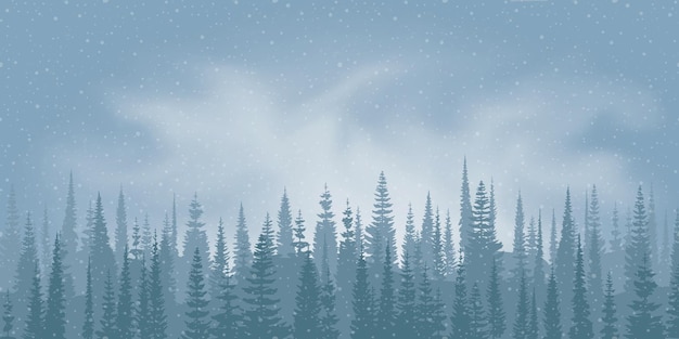 Winterlandschap naaldbos in de mist en sneeuwval illustratie
