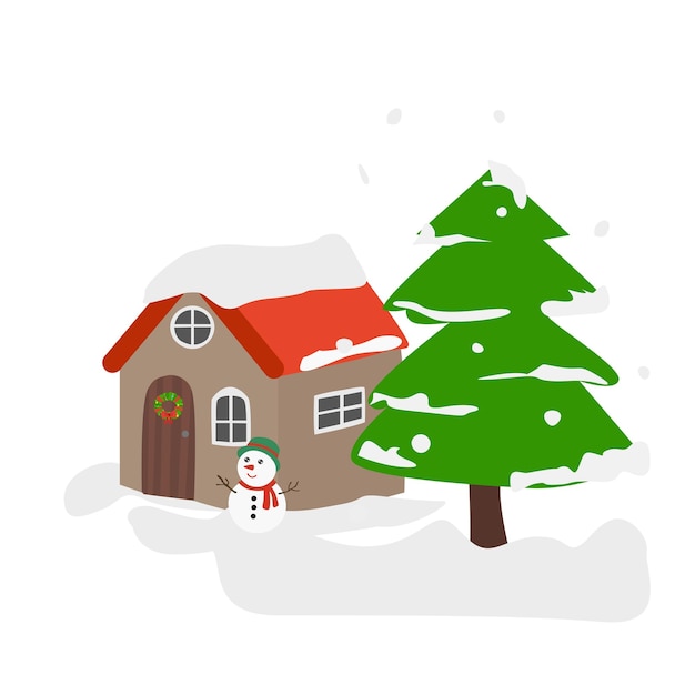 Winterlandschap Sneeuwhuis Huis en boom in de winter sneeuw Vrolijk kerstfeest en gelukkig nieuwjaar