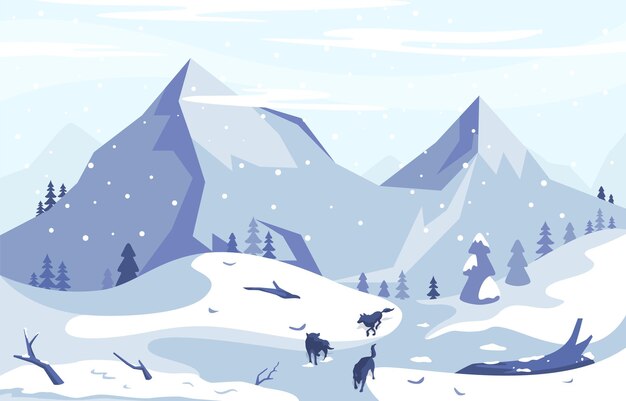 Vector winterlandschap van snow mountain met wolven