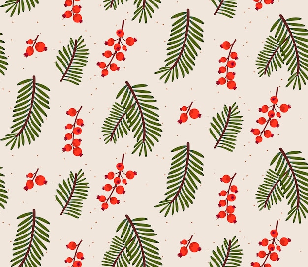 Winterpatroon, kerstboomtakken en rode bessen. Natuur minimaal printontwerp voor inpakpapier en kerstversieringen.