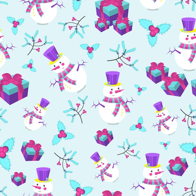 Winterpatroon met sneeuwmannen en kerstattributen. platte vectorillustratie.