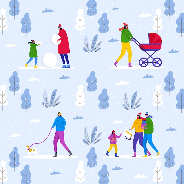 Winterpatroon, ouders lopen met kinderen in het park en hebben plezier buiten. mensen maken sneeuwpop en in het bos. vectorsjabloon voor textiel, print, flyerontwerp, ansichtkaart, vakantieachtergrond