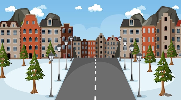 Winters tafereel met lange weg door het park naar de stad