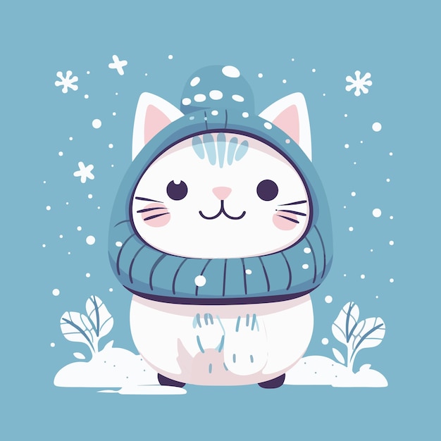 A winterseason cartoon cat wearing a hat and a sweater