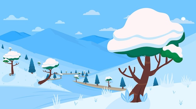 Winterseizoen landschap met meer en bomen bergen vector illustratie