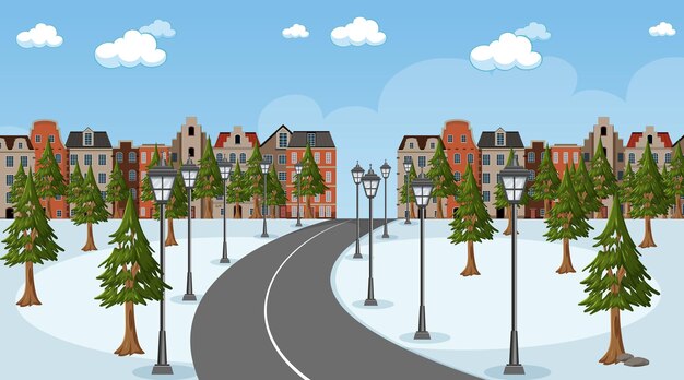 Winterseizoenscène met lange weg door het park naar de stad