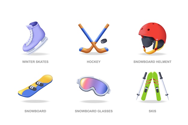 Vector wintersport d pictogrammen in modern design pack geïsoleerde elementen van seizoensgebonden uitrusting schaatsen hockey