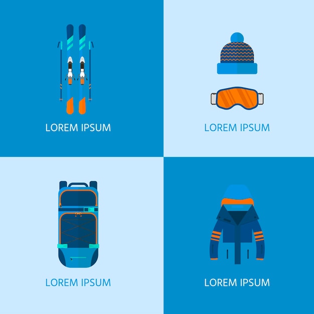 Wintersport iconen collectie. Skiën en snowboarden set apparatuur geïsoleerd op een witte achtergrond in vlakke stijl ontwerp. Elementen voor het beeld van de skiresort, bergactiviteiten, vectorillustratie.