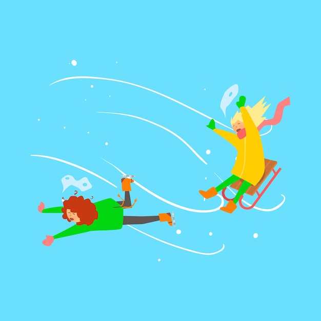 Wintersport kinderen. meisjes sleeën. vectorillustratie