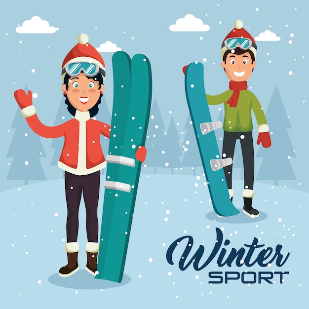 Wintersport pepople met snowboard en ski&#39;s