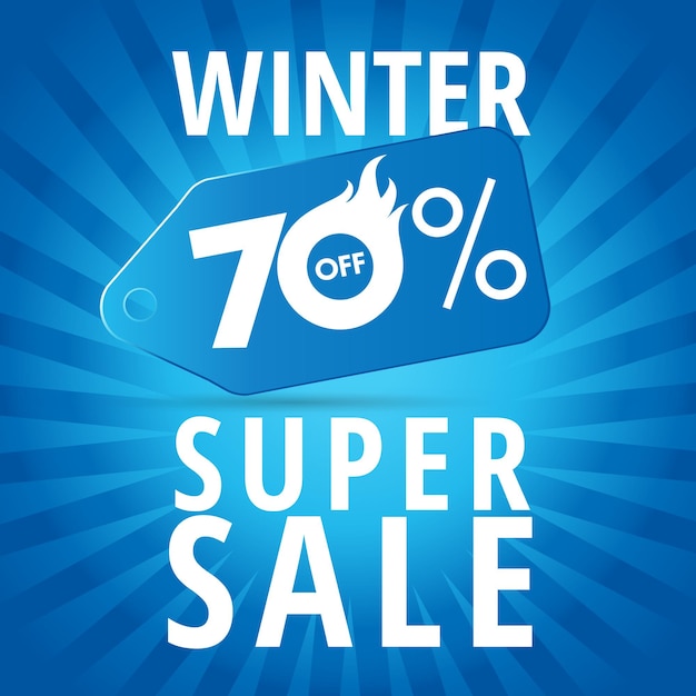 Wintersuperverkoop. Winter super verkoop achtergrond met 3D-realistische blauwe tag, 70 procent korting op banner.