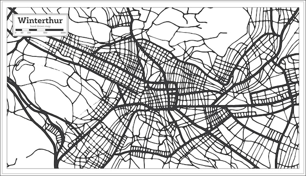 Карта города винтертур швейцария в черно-белом цвете в стиле ретро. контурная карта. векторная иллюстрация.