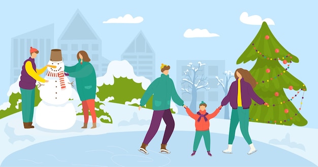 Vector wintertijd illustratie, mensen hebben plezier in de sneeuw.