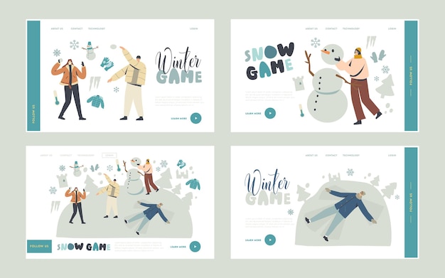 Wintertime activities and spare time landing page template set. characters enjoy snow fun and winter holidays festive season. happy people making snowman, playing snowballs. linear vector illustration