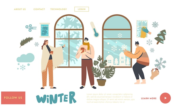 Wintertime Holidays SpareTime Landing Page Template. Young Characters Enjoying Winter Window View and Frost Ornament on Glass, Woman Set Up Snowflakes Decoration. Linear People Vector Illustration